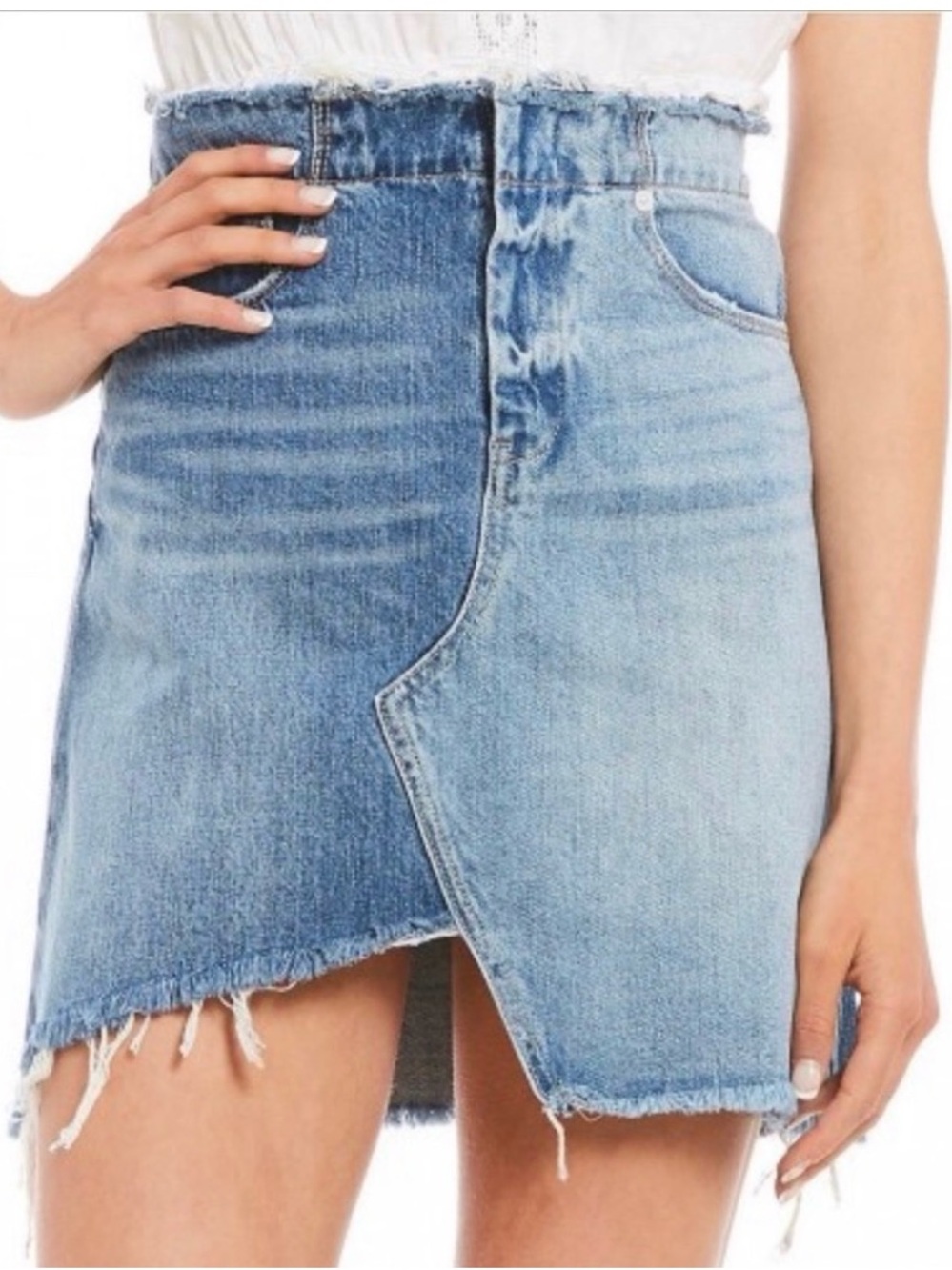 Chelsea & Violet Two-Tone Light Blue Denim Asymmetrical Frayed Mini Skirt
